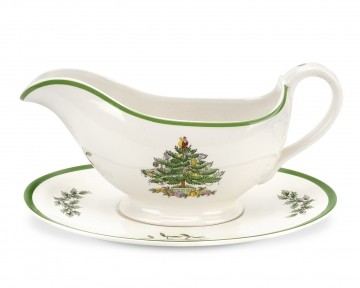 Spode Christmas Tree Sauciere mit Untersetzer