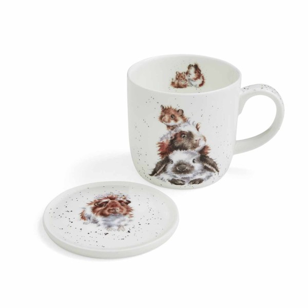 Royal Worcester Wrendale Design Set 2-tlg. Becher und Untersetzer, Piggy in the Middle (WNQV3943-XG