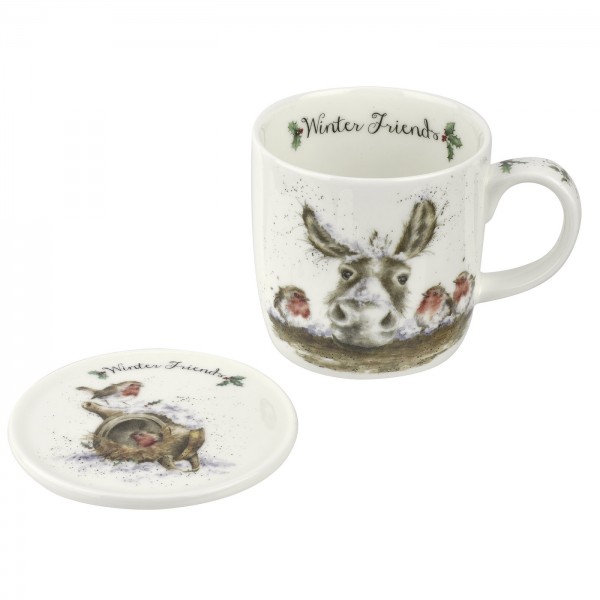 Royal Worcester Wrendale Designs Set 2-tlg. Becher und Untersetzer, Winter Friends (WNOZ3943-XG) 0,3